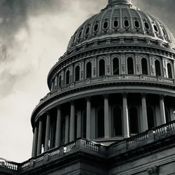 Photo of the US Capitol Building in greyscale with ominous clouds.