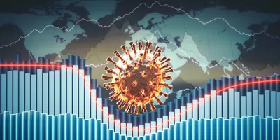 Data set overlaid on top of a world map with a covid-19 virus 