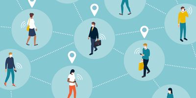 Crowd of people keeping a safe distance from each other while being tracked by an app