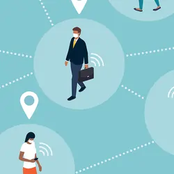 Crowd of people keeping a safe distance from each other while being tracked by an app