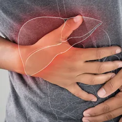 Man bending over with a red spot where his liver is