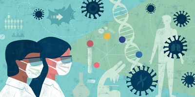 Illustration of researchers thinking about genomics data to better track COVID-19 variants.