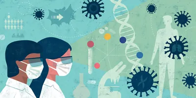 Illustration of researchers thinking about genomics data to better track COVID-19 variants.