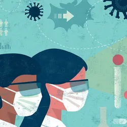 Illustration of researchers thinking about genomics data to better track COVID-19 variants.