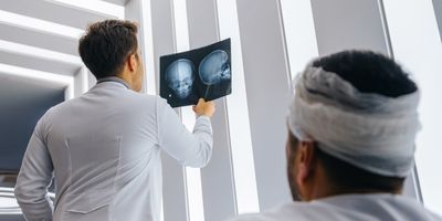 Doctor looking at CT scan of patient's head