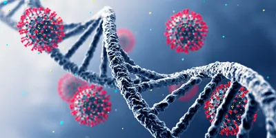 Computer generated image of SARS-CoV-2 virus and DNA
