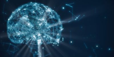 Abstract brain model wherre neurons are lines of light, on a dark background