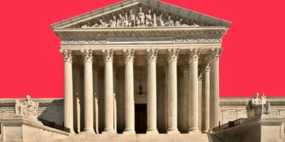 The U.S. Supreme Court pictured on a red background to represent the ruling on abortion not being a constitutional right.
