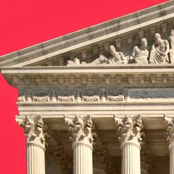 The U.S. Supreme Court pictured on a red background to represent the ruling on abortion not being a constitutional right.