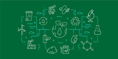 Illustration of a network of different sustainable lab equipment on a green background.