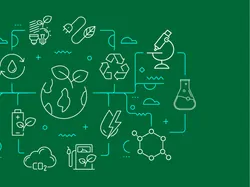 Illustration of a network of different sustainable lab equipment on a green background.