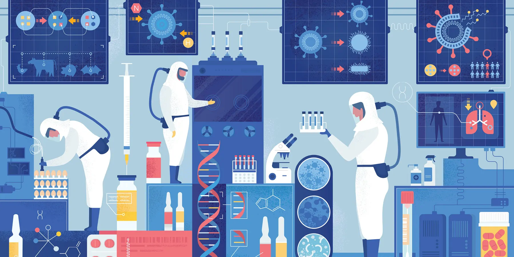 Illustration of clinical lab professionals wearing personal protective equipment in a clinical lab.