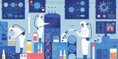 Illustration of clinical lab professionals wearing personal protective equipment in a clinical lab.