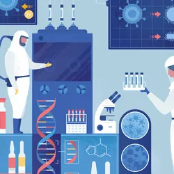 Illustration of clinical lab professionals wearing personal protective equipment in a clinical lab.