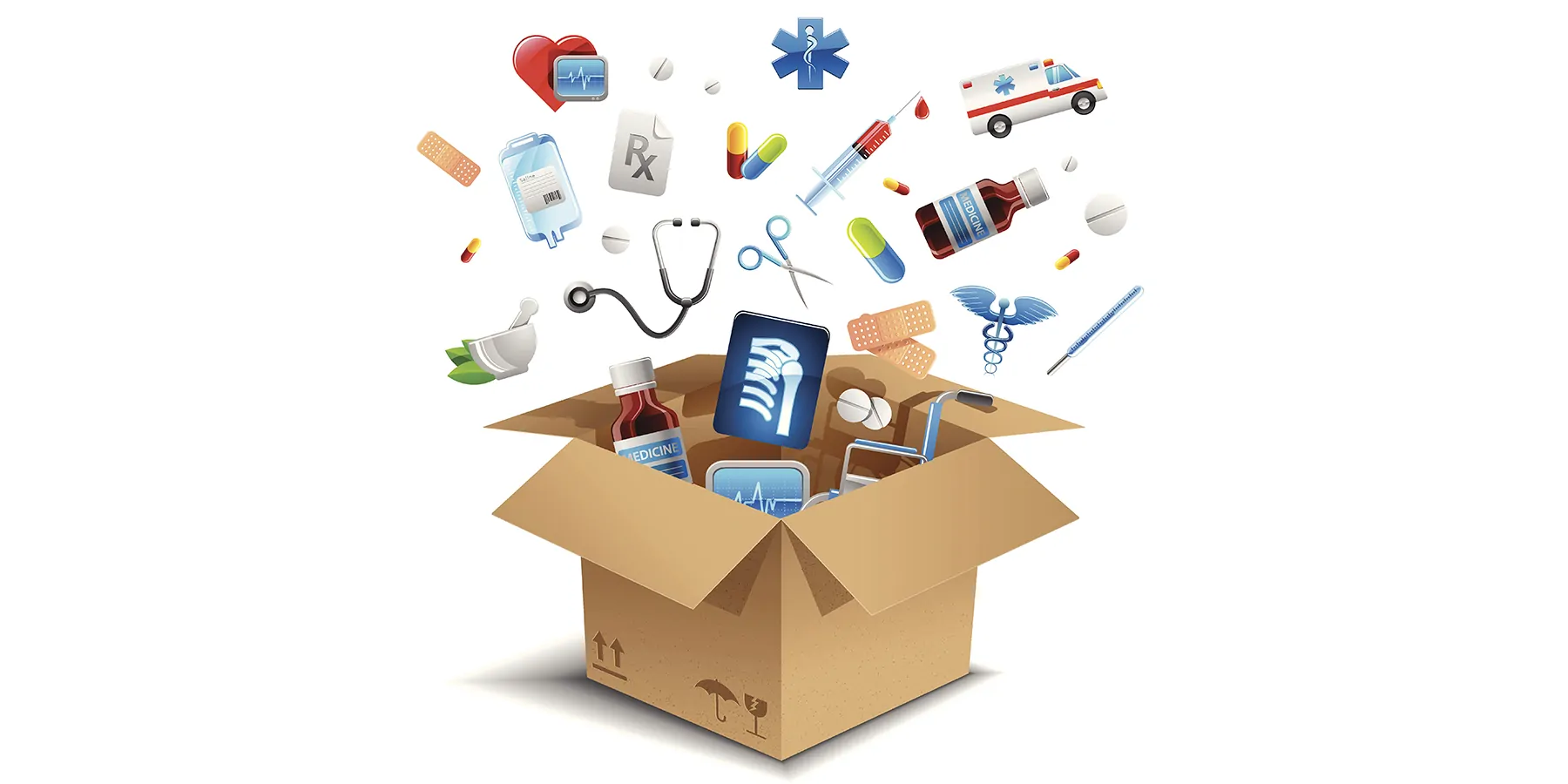 An illustration of a shipped container opening up to reveal various medical supplies, such as medicines, bandaids, syringes, devices, etc., to represent the health care supply chain.