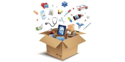 An illustration of a shipped container opening up to reveal various medical supplies, such as medicines, bandaids, syringes, devices, etc., to represent the health care supply chain.