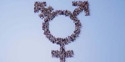 Crowd of people shaped like transgender symbol