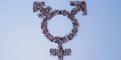 Crowd of people shaped like transgender symbol