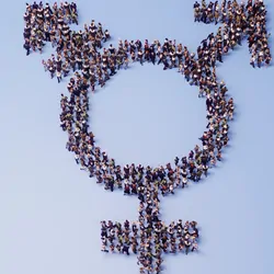 Crowd of people shaped like transgender symbol