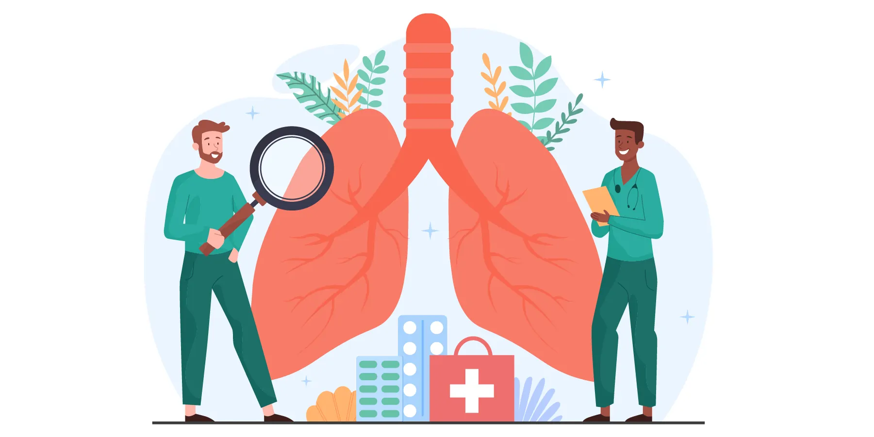 Concept of lungs. Men with magnifying glass examine organ in vector image
