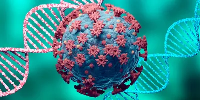 Coronavirus and DNA on blue background
