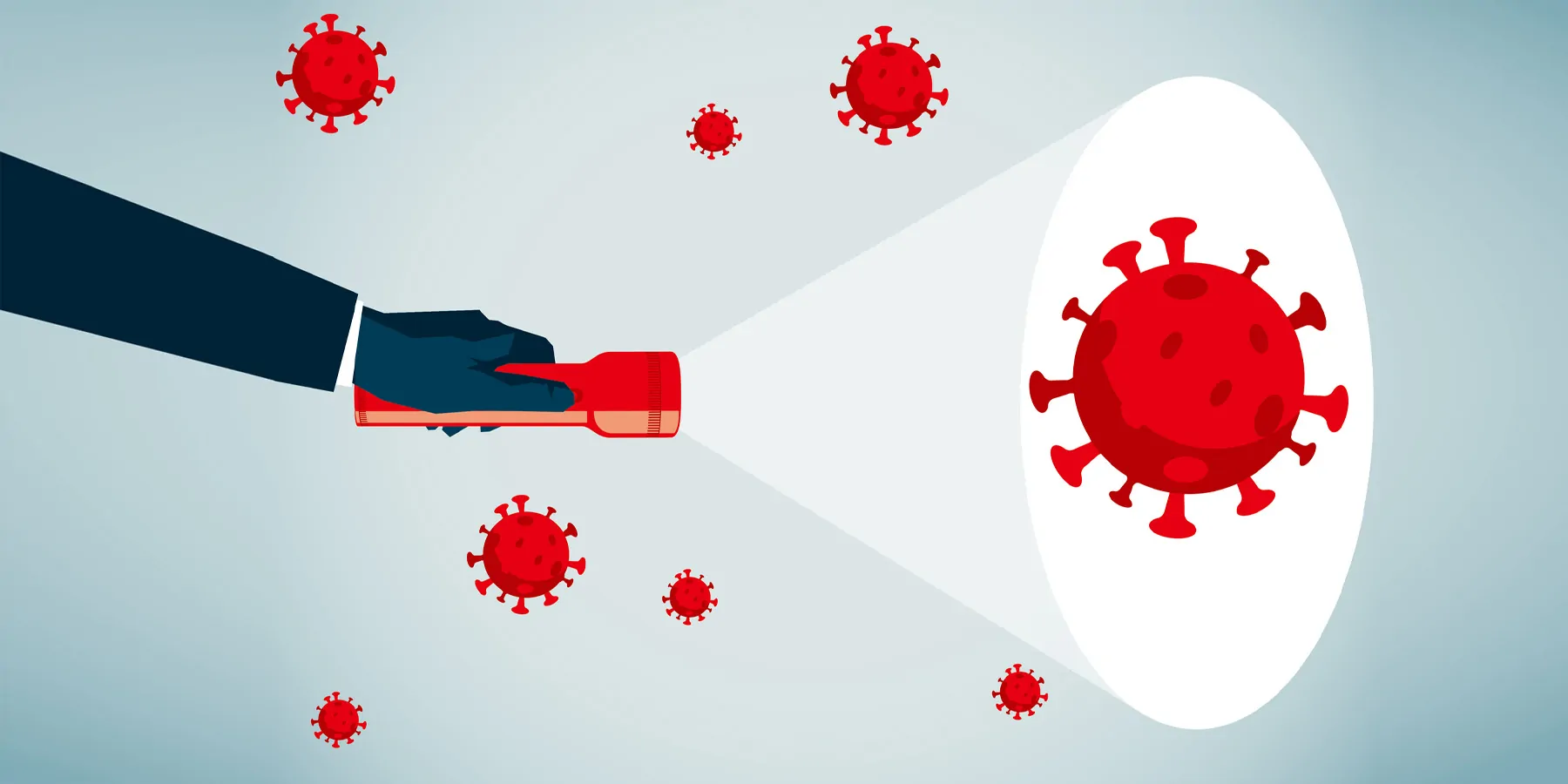 New COVID-19 Rapid-Test Technology Performs PCR Faster than Similar Tests Vector graphic of person shinning a light on a virus
