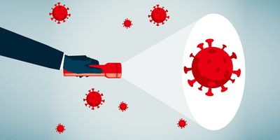 Vector graphic of person shinning a light on a virus