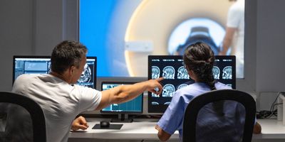 Rear view of male and female MRI technologist sitting at the console in the operating room 