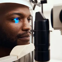 Young man getting his eye’s examined with a slit lamp