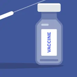 Vector image of a vaccine bottle and syringe on a purple background