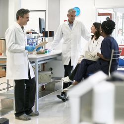 Photograph showing a group of four clinical lab personnel having an informal meeting in the lab space to discuss protocols and reagents for standardizing flow cytometry.