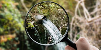 A magnifying glass focusing water spills in a forest area