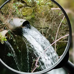 A magnifying glass focusing water spills in a forest area