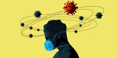 Vector image of a man wearing a medical face mask with thoughts of COVID-19 orbiting above him on a yellow background