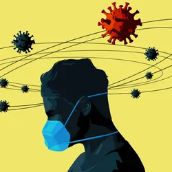 Vector image of a man wearing a medical face mask with thoughts of COVID-19 orbiting above him on a yellow background