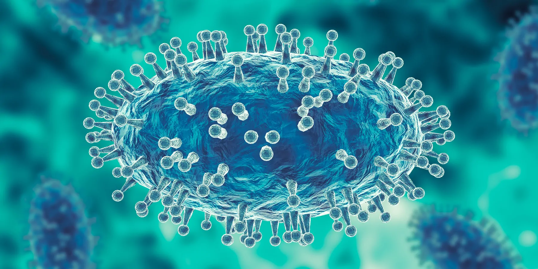 Computer render of a monkeypox virus, on a blue backdrop