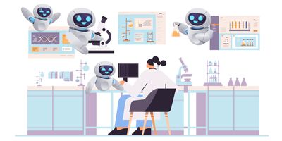 Illustration showing clinical lab professional interacting with robots in the lab to represent how automated liquid handling integrated with other instruments allows for a streamlined workflow.