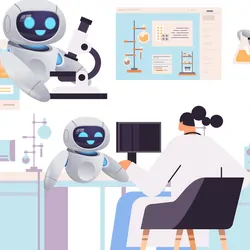 Illustration showing clinical lab professional interacting with robots in the lab to represent how automated liquid handling integrated with other instruments allows for a streamlined workflow.