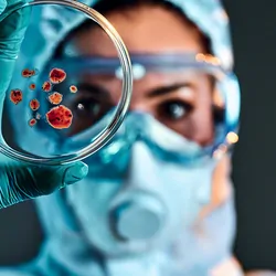 Selective focus of biochemist taking biomaterial from petri dish