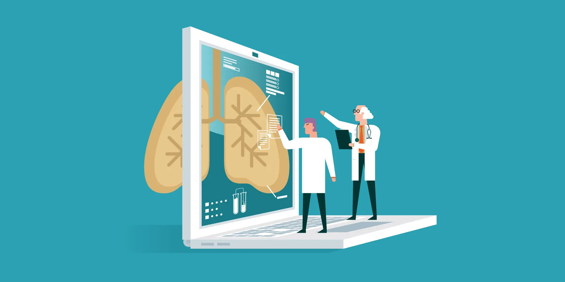 Illustration of two clinical lab personnel viewing the lung through a computer analytics screen, representing cancer diagnostics for EGFR variants implicated in non-small cell lung cancer (NSCLC).