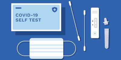 Illustration of Covid-19 rapid antigen self test kit on blue table