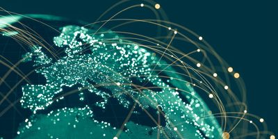 Blue Globe viewing from space at night with connections between cities