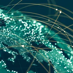 Blue Globe viewing from space at night with connections between cities