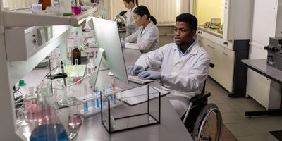 Photo of a Black clinical laboratory scientist using a wheelchair in an accessible clinical lab.