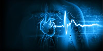 Computer generated image of human heart double exposed with heart rate monitor feed