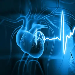 Computer generated image of human heart double exposed with heart rate monitor feed
