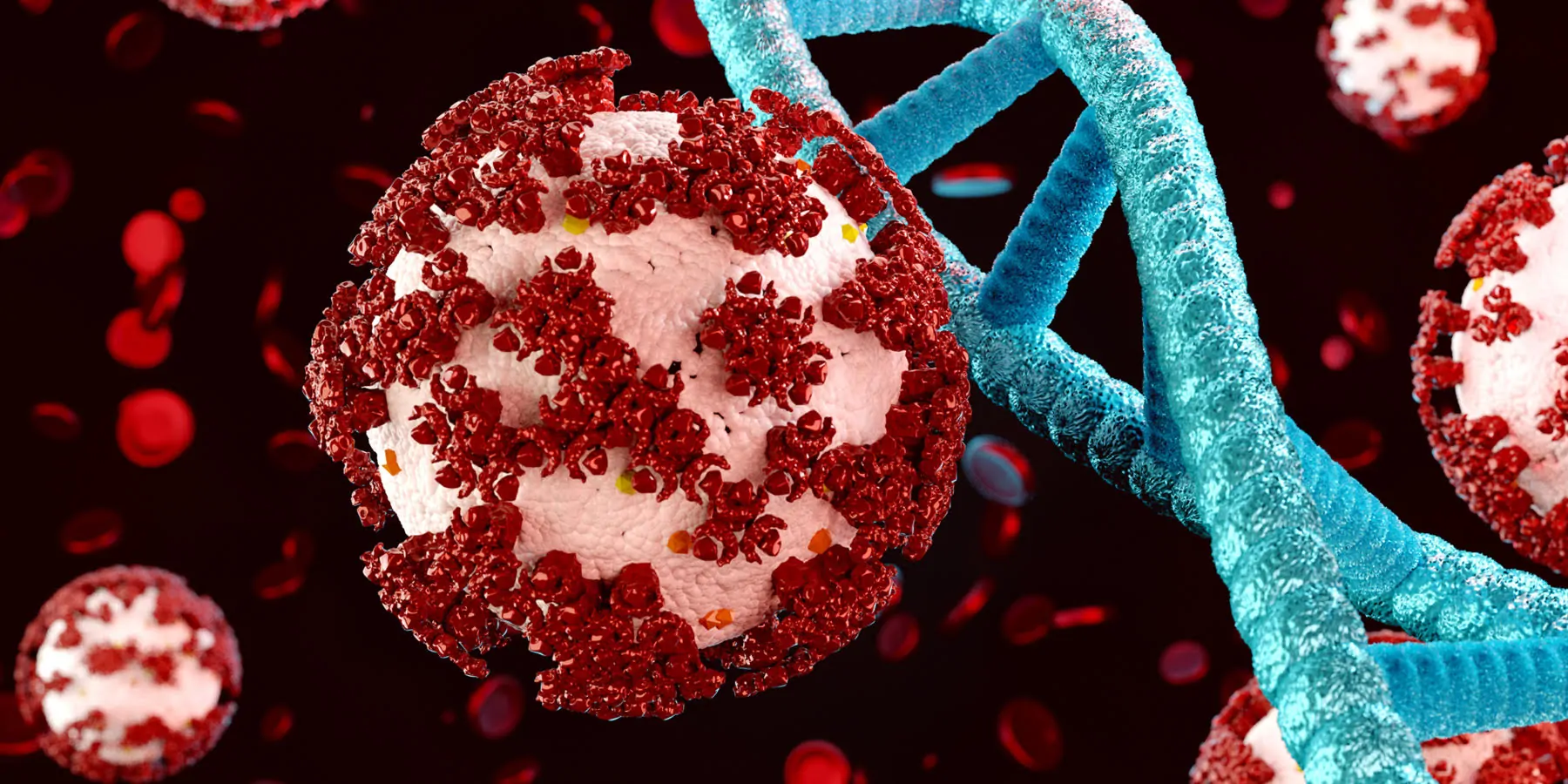 Computer image of COVID-19 and DNA strands