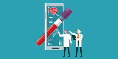Illustration of clinical lab personnel and clinician discussing diagnosis results from a blood assay.