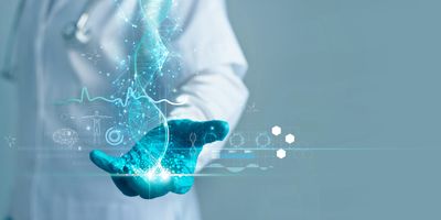 Medicine doctor holding blue helix DNA structure on hologram modern