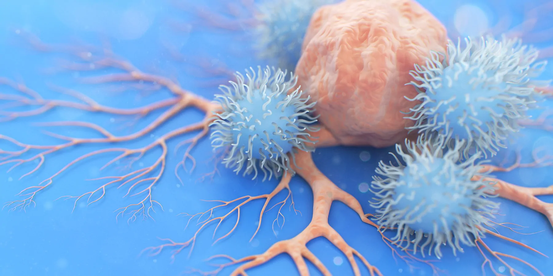 Illustration of an oncolytic virus attacking a cancer cell.